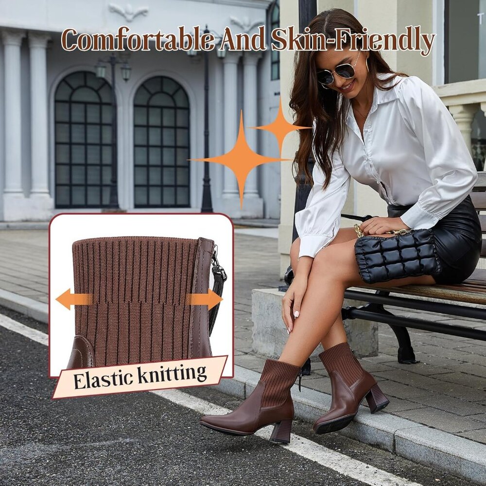 Women's Back Zipper Square Toe Ankle Chelsea Heel Comfortable Brown Boot - Picture 4 of 6